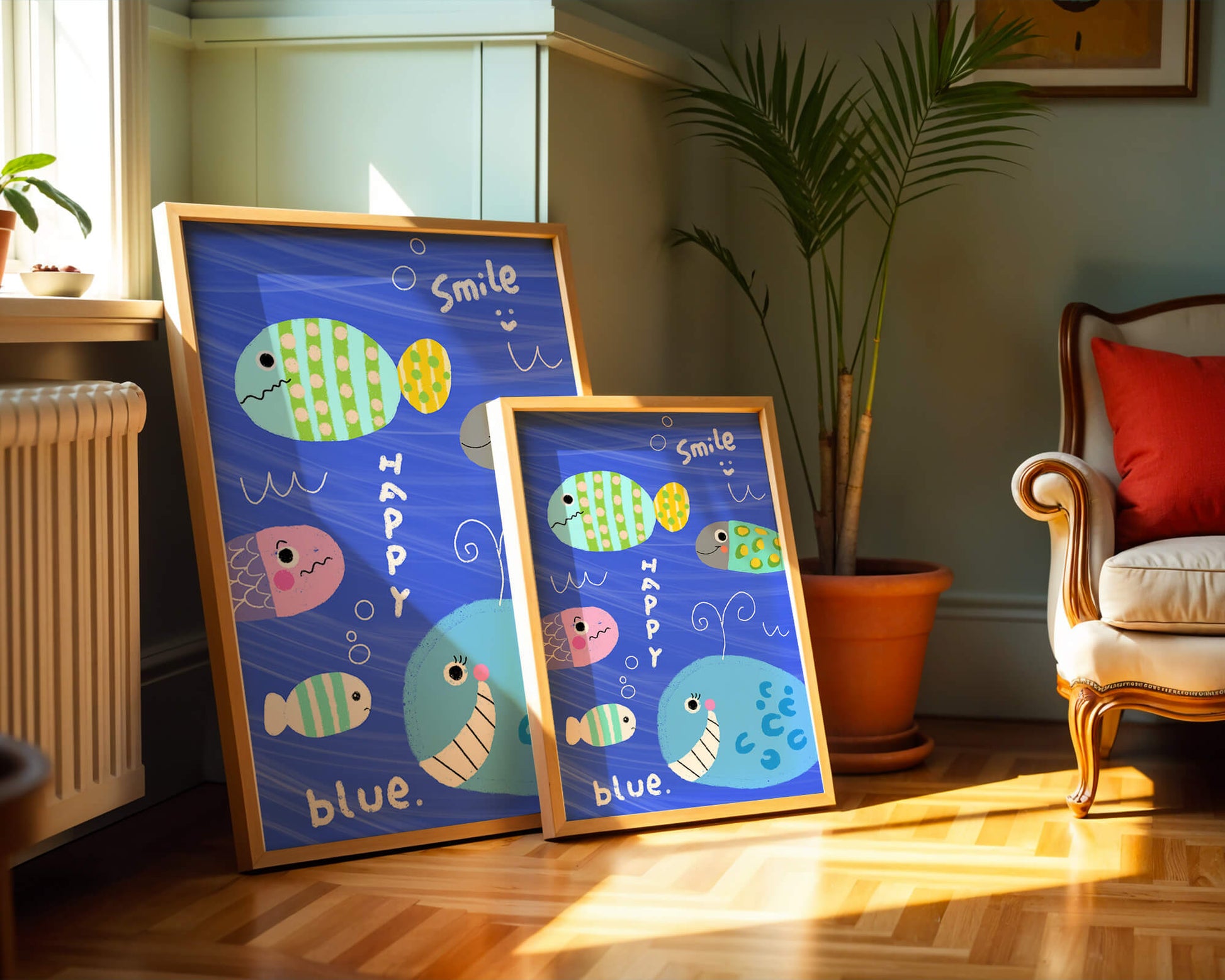 Colorful underwater scene with smiling cartoon fish