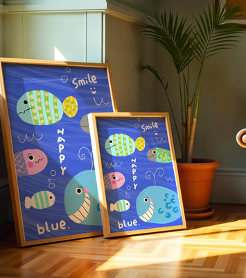 Colorful underwater scene with smiling cartoon fish