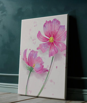 Flores delicadas en acuarela rosada con salpicaduras artísticas en lienzo
