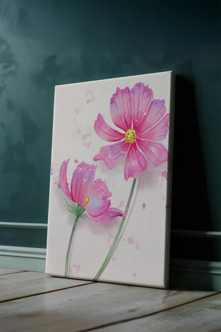 Flores delicadas en acuarela rosada con salpicaduras artísticas en lienzo