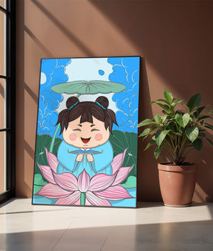 Whimsical illustration of a joyful child with lotus and umbrella