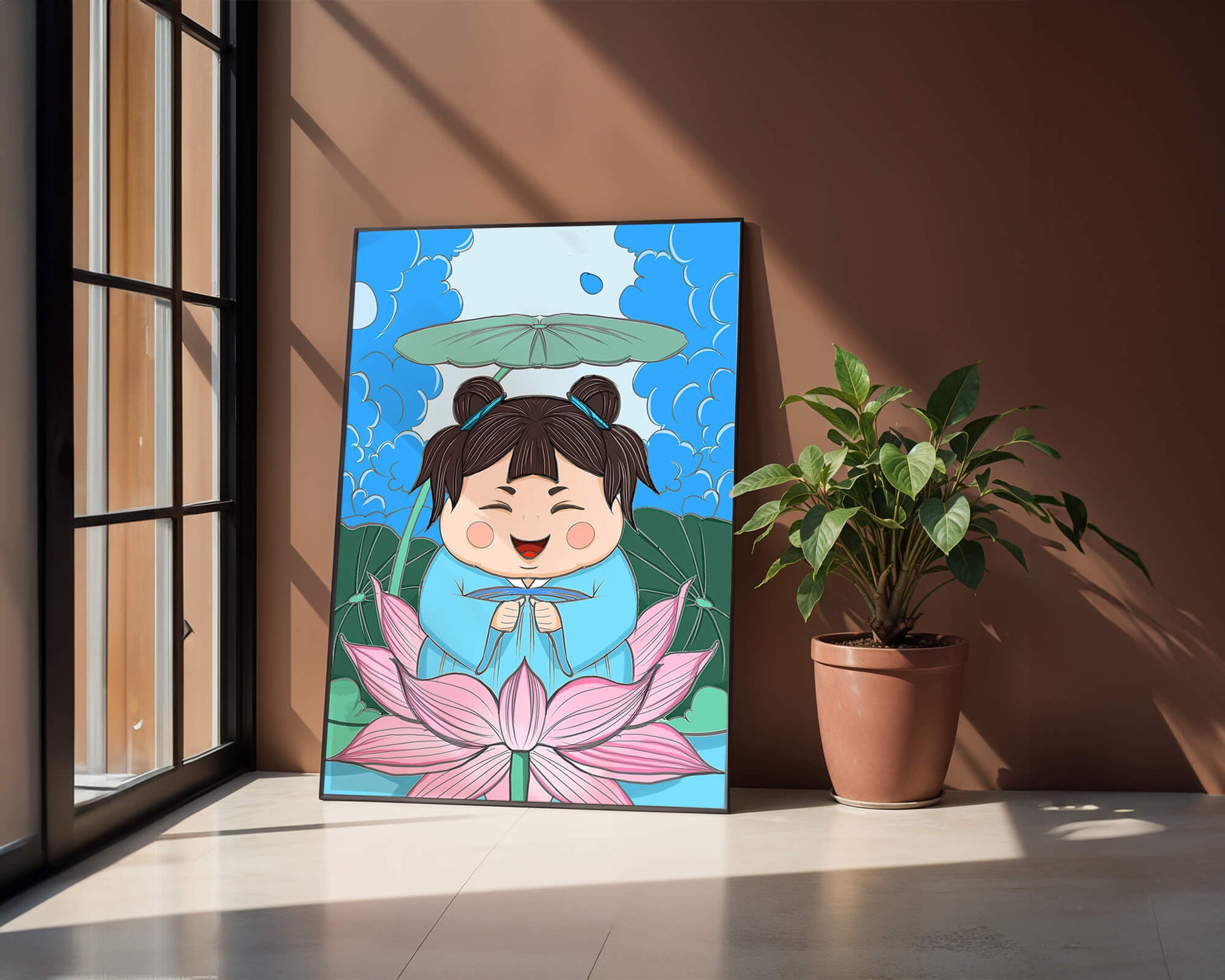 Whimsical illustration of a joyful child with lotus and umbrella