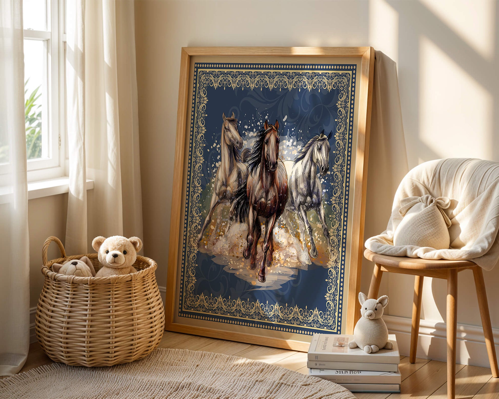 Running horses framed with elegant golden border on a blue background