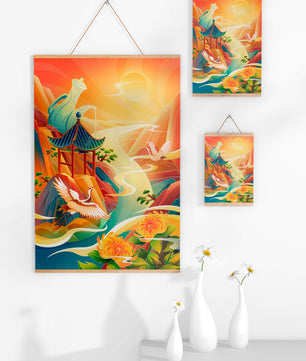Mystical landscape with cranes and serene mountains
