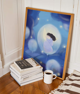 Dreamlike night sky with a girl on a moon enveloped by stars and balloons