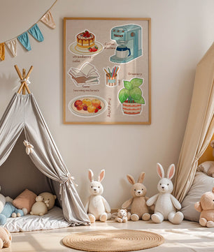Elementos esenciales del hogar acogedor que incluyen pastel de fresa, cafetera y materiales de estudio