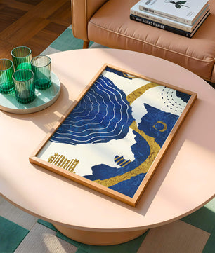 Abstract blue and gold textured artwork with wave patterns