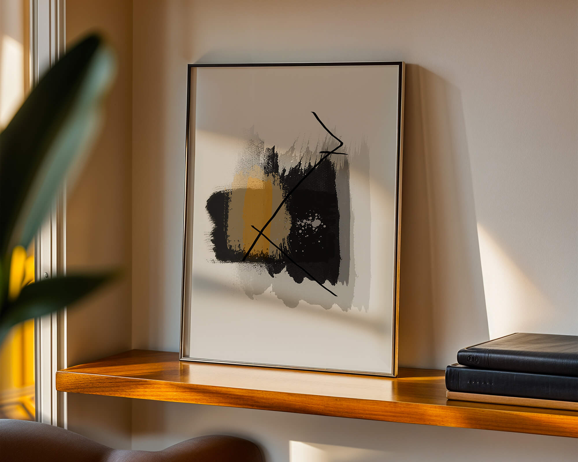 Abstract modern art with golden and black brush strokes