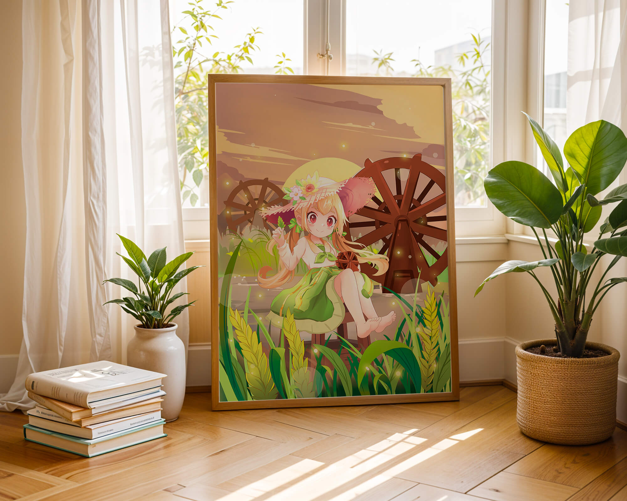 Enchanted countryside scene with a cute character and vibrant nature
