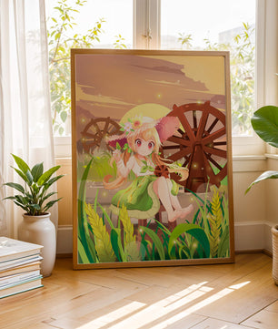 Enchanted countryside scene with a cute character and vibrant nature