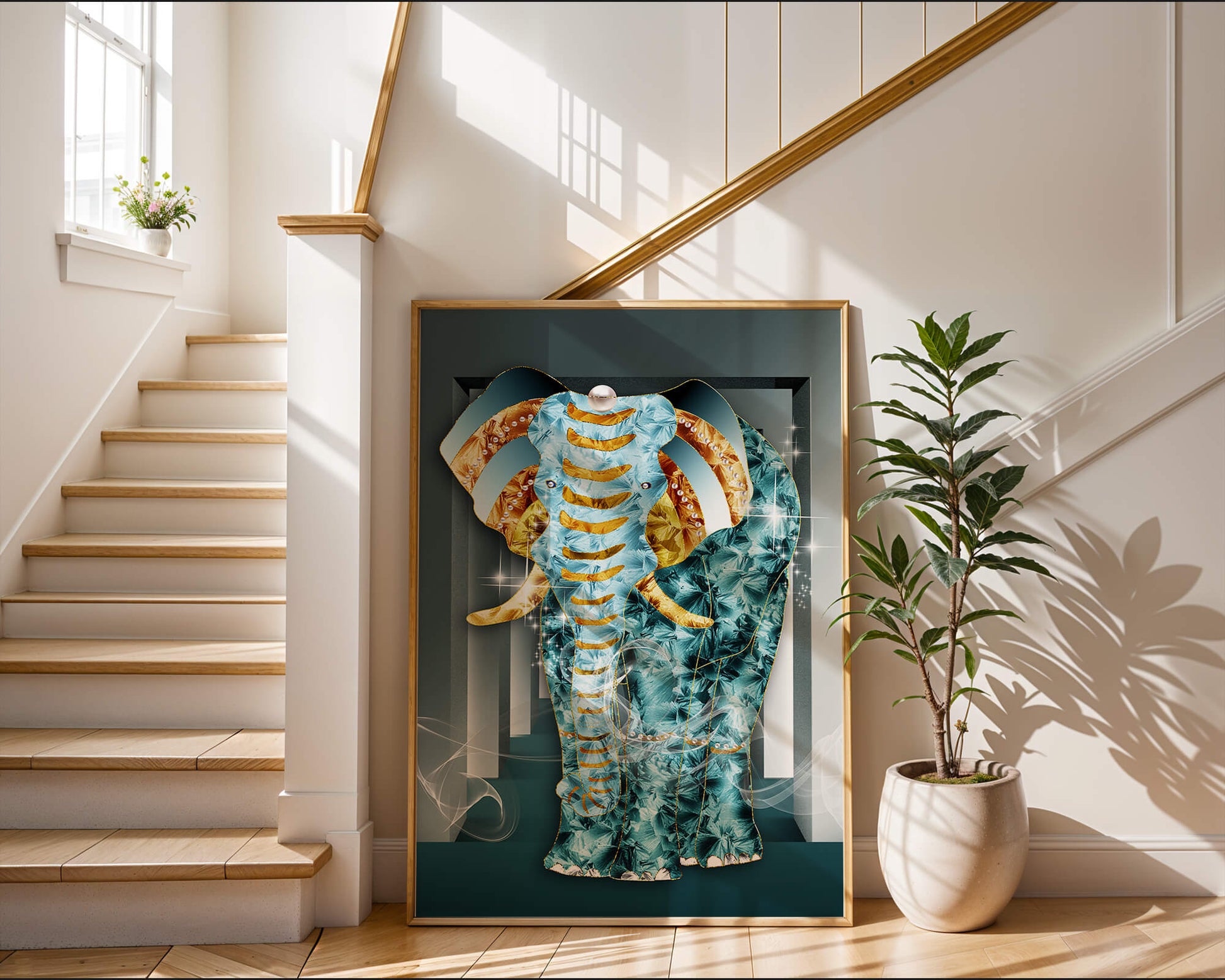 Elephant with Gold and Blue Textures in Surreal Geometric Background