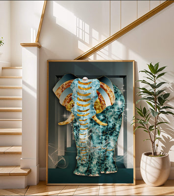 Elephant with Gold and Blue Textures in Surreal Geometric Background