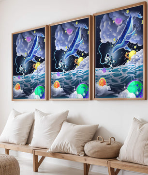 Astronaut Exploring a Surreal Cosmic Ocean with a Glowing Whale