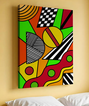 Vibrant geometric abstract artwork with bold colors and shapes