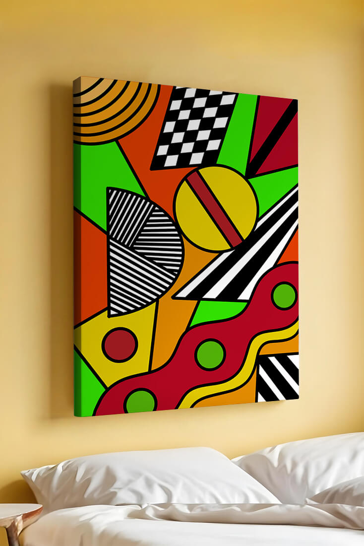Vibrant geometric abstract artwork with bold colors and shapes