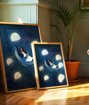 Dreamlike scene of a girl riding a whale among jellyfish in space