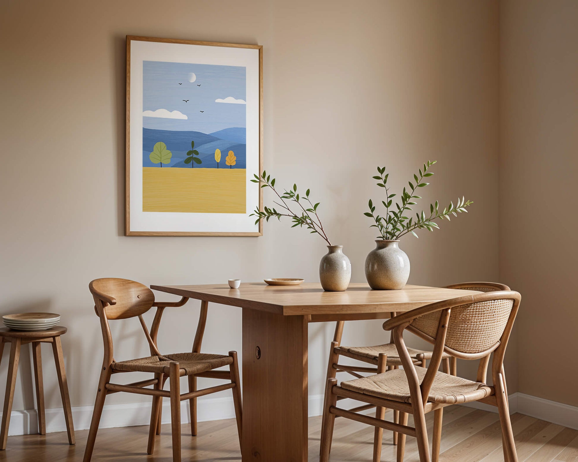 Paisaje colorido con árboles y aves en un campo sereno