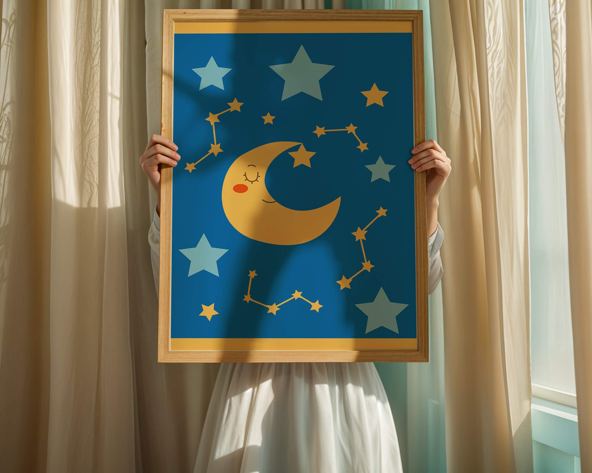 Whimsical children's room decor with smiling moon and stars