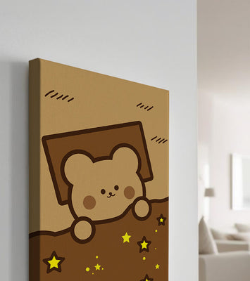 Adorable bear peeking out from a blanket with stars illustration