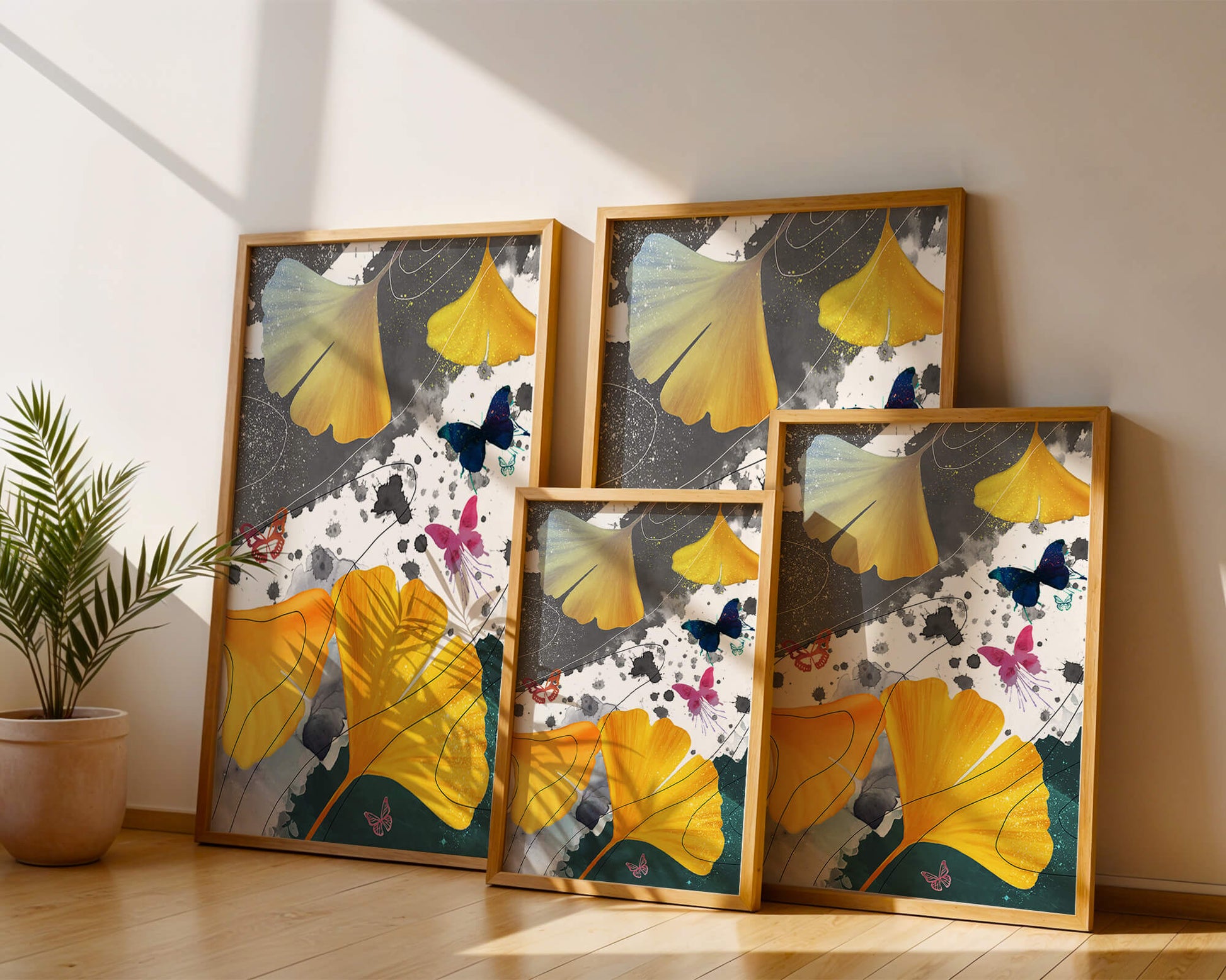 Composición artística con hojas amarillas y mariposas