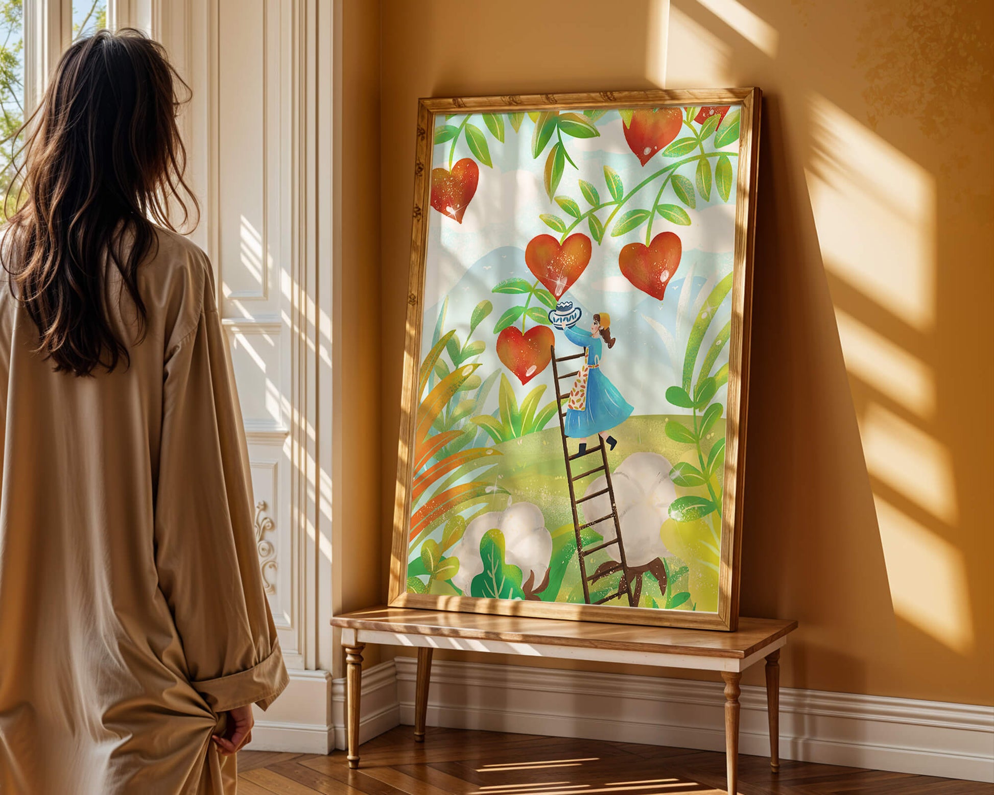 Mujer recolectando frutas en forma de corazón en el vibrante campo