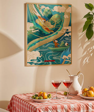 Colorful dragon and child illustration with vibrant waves and clouds