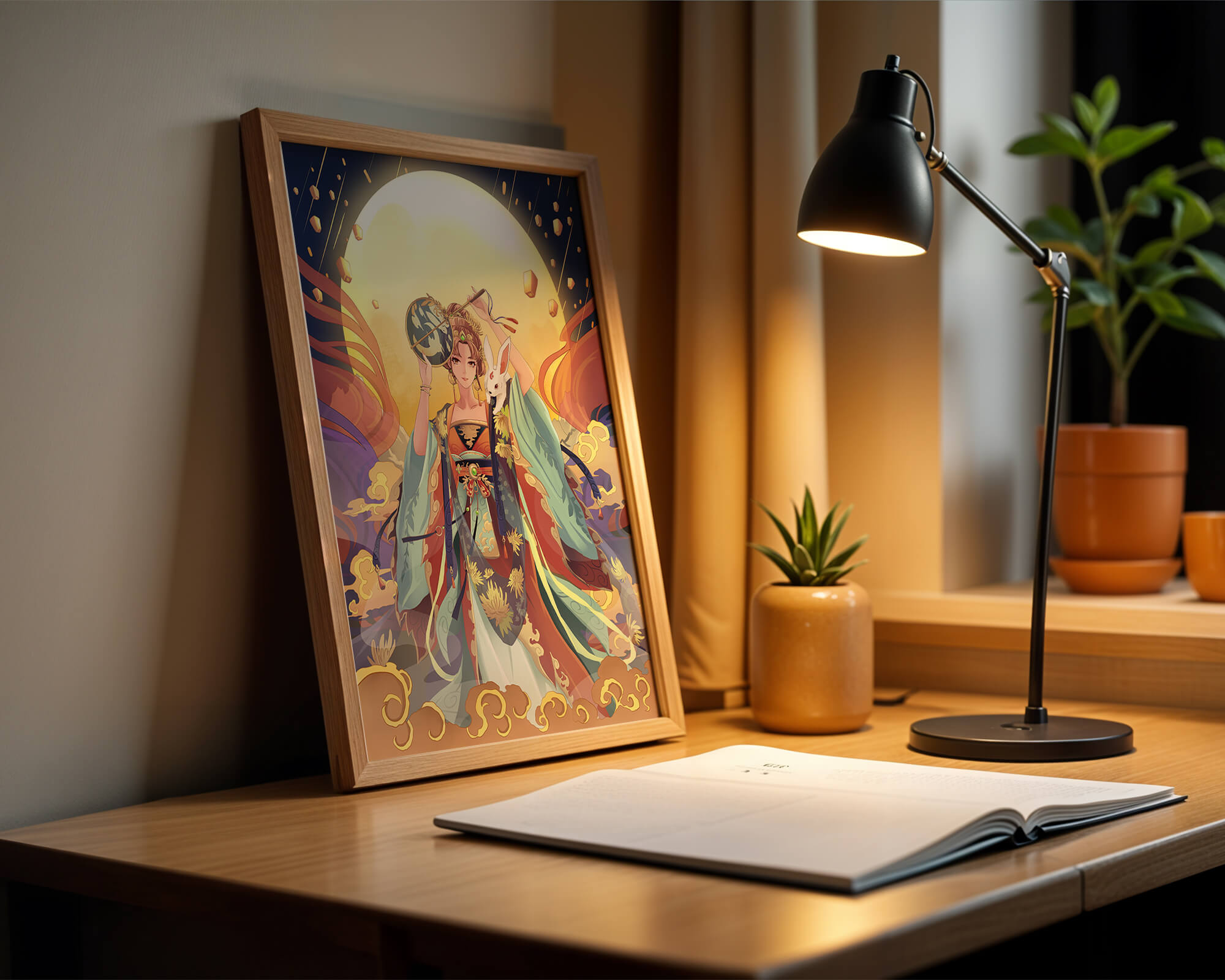 Elegant fantasy illustration with celestial elements and rabbit