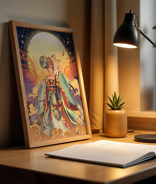 Elegant fantasy illustration with celestial elements and rabbit