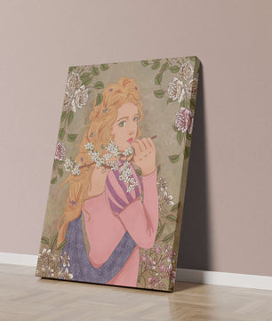 Ilustración floral romántica de una mujer con cabello largo y flores en flor