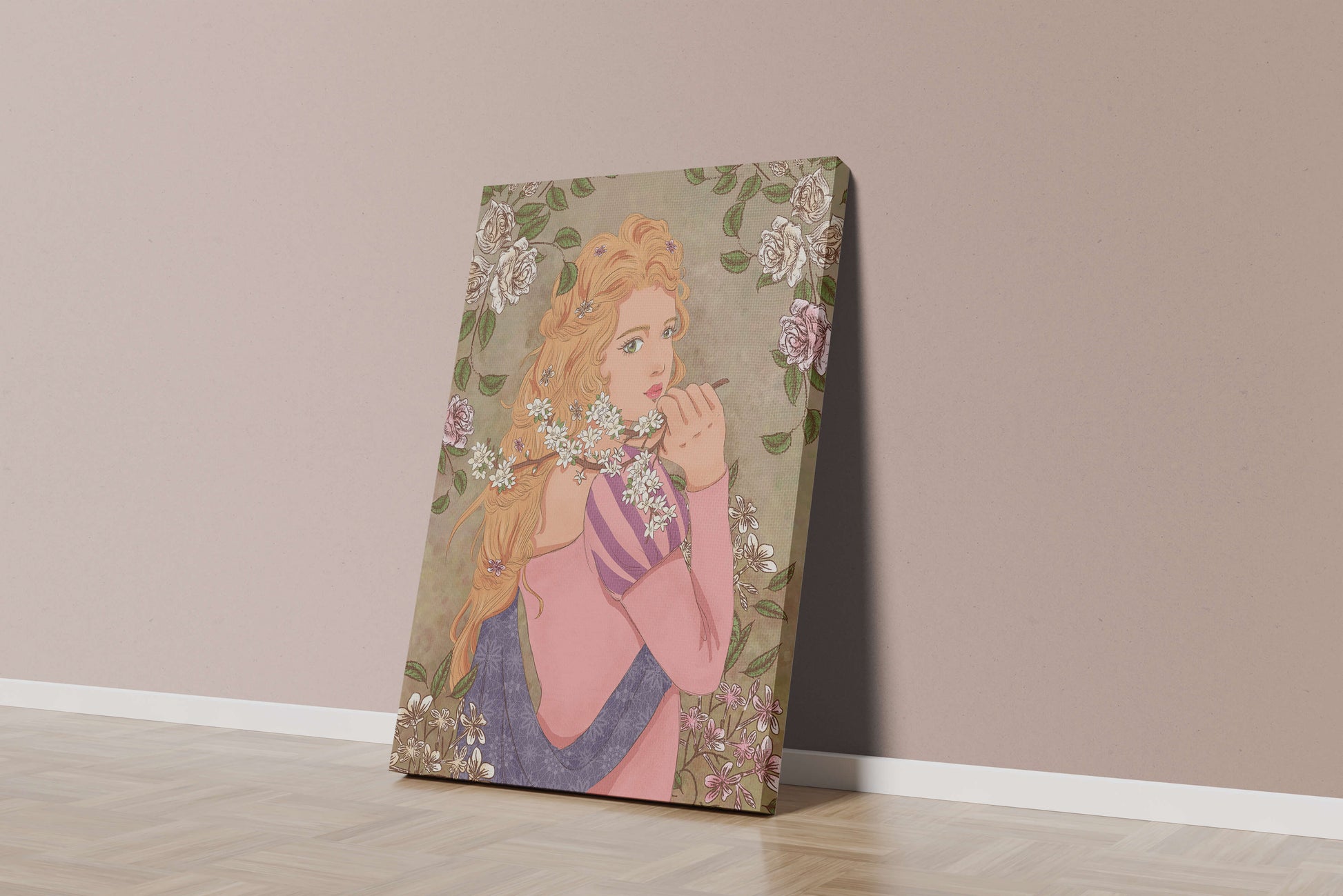 Ilustración floral romántica de una mujer con cabello largo y flores florecientes
