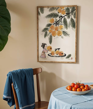 Arte japonés con una niña recogiendo caquis bajo un árbol