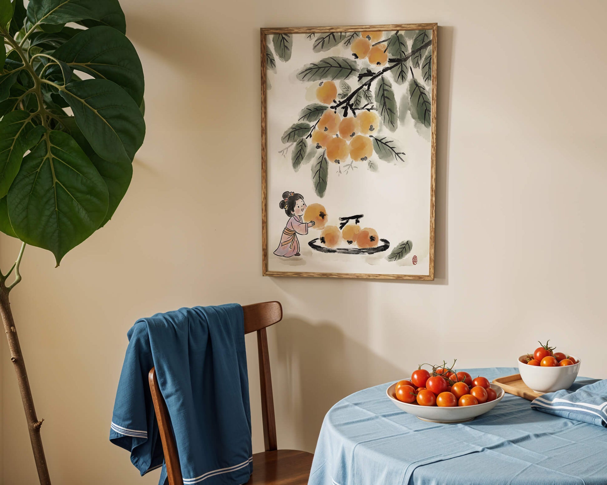 Arte japonés con una niña recogiendo caquis bajo un árbol