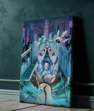 Escena futurista de anime digital con elementos de ciencia ficción y compañeros robóticos