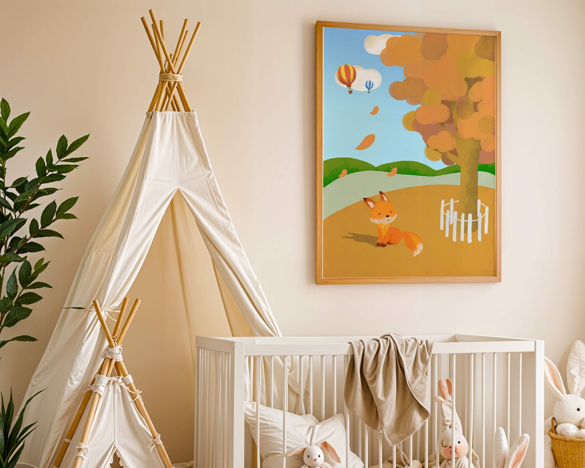 Herbstszene mit einem süßen Fuchs, Heißluftballons und einem bunten Baum