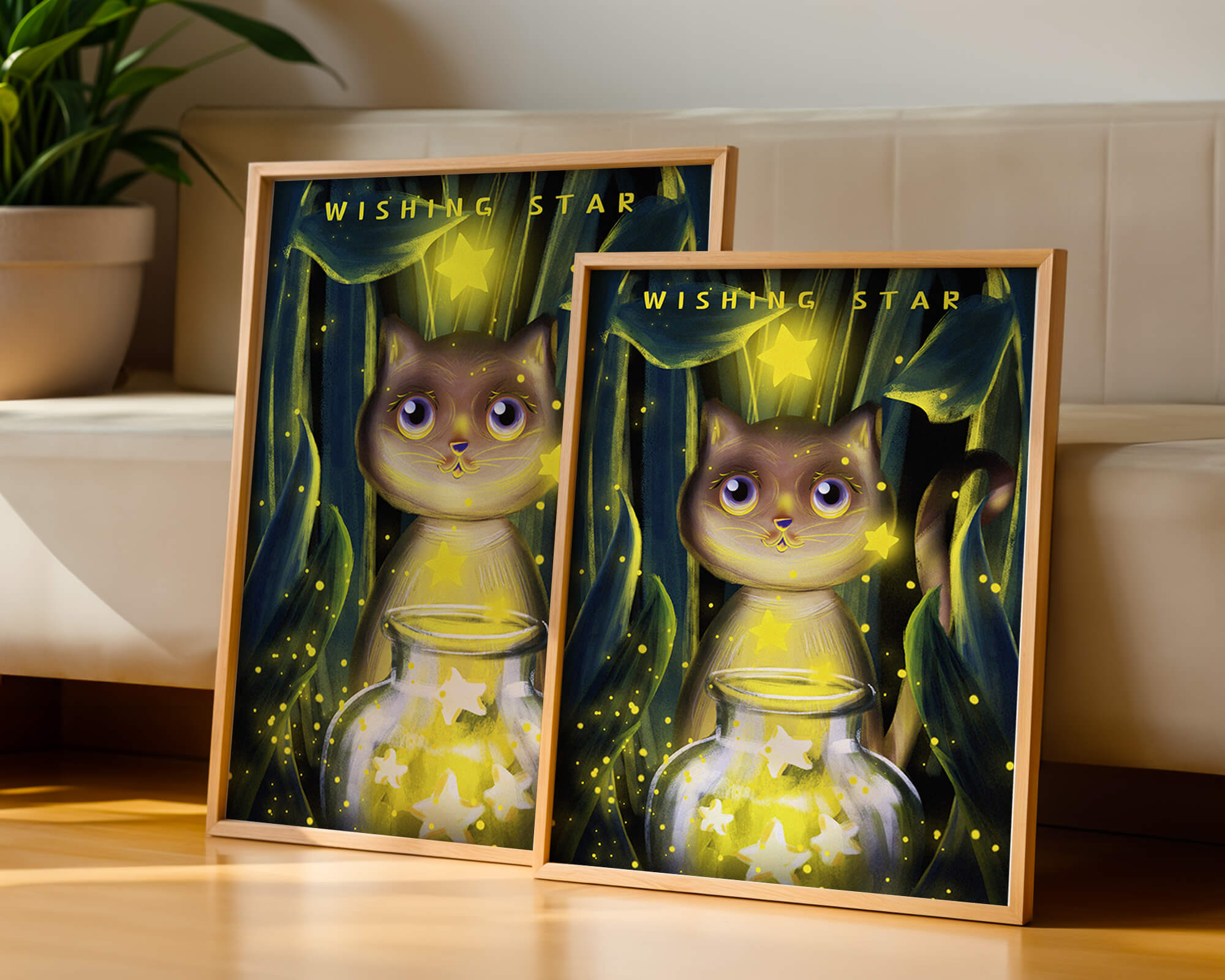 Cat under starry night in a magical forest setting