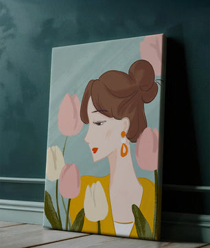 Serene woman surrounded by pastel tulips illustration