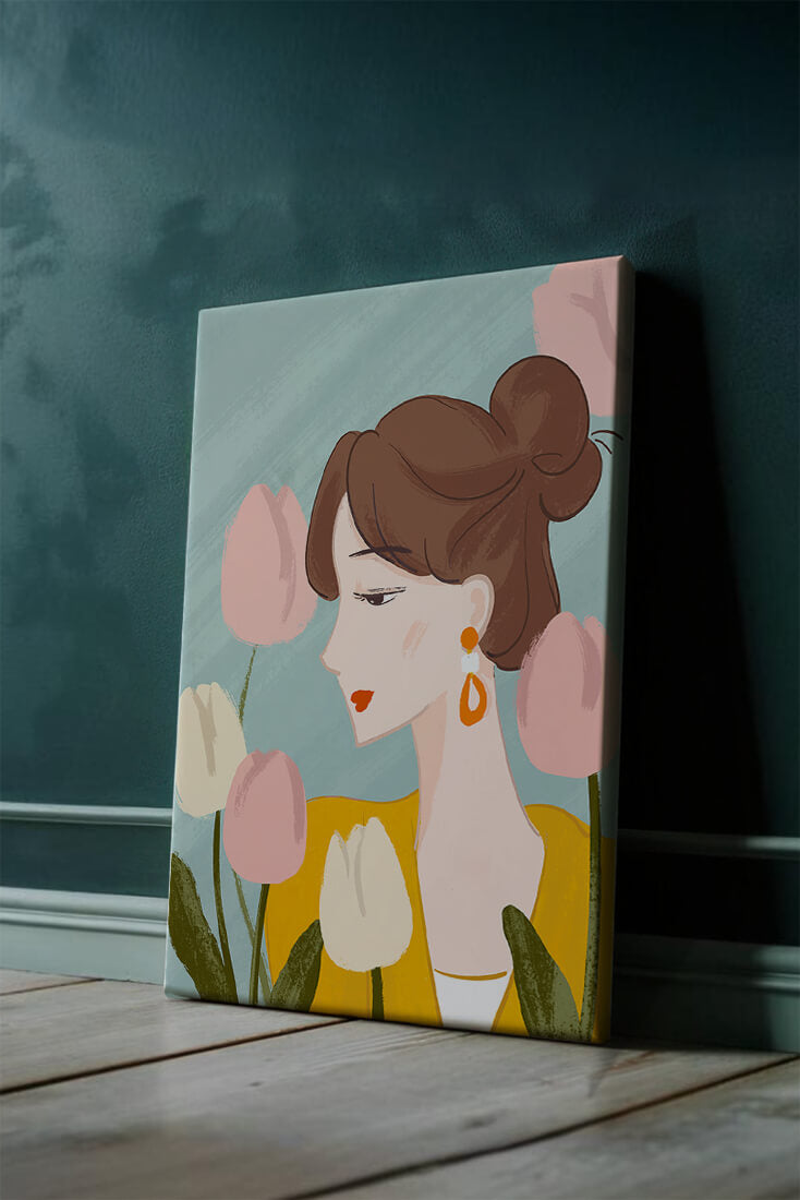 Serene woman surrounded by pastel tulips illustration