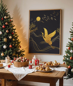 Goldener Kranich fliegt nachts über abstrakte Landschaft