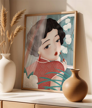 Elegant Asian Woman in Red Dress with White Roses and Pearls