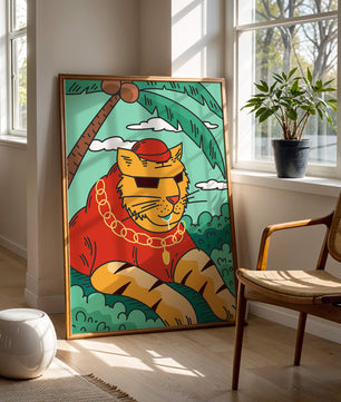Stylish cartoon tiger lounging under a tropical palm tree with gold accessories