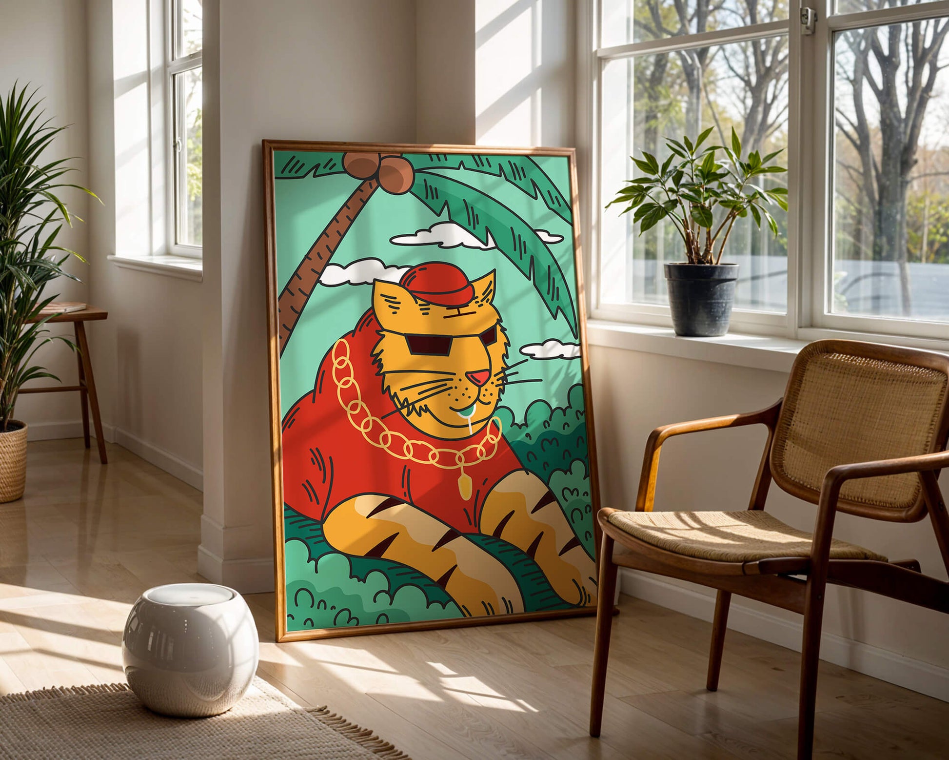 Stylish cartoon tiger lounging under a tropical palm tree with gold accessories