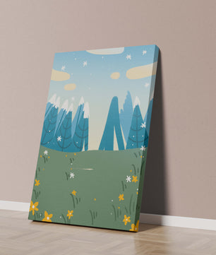 Landschaft mit schneebedeckten Bergen und Blumen im Cartoon-Stil