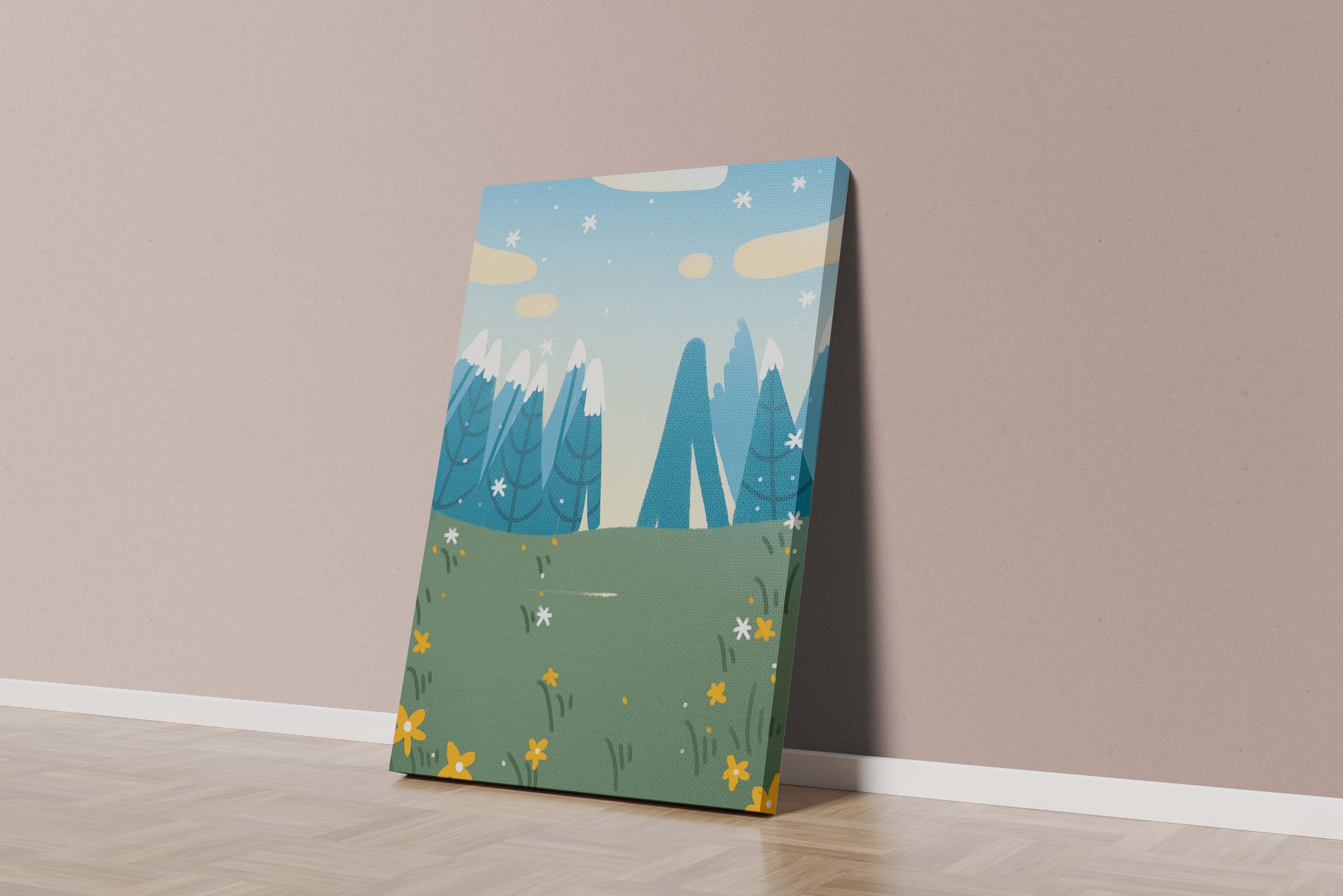 Landschaft mit schneebedeckten Bergen und Blumen im Cartoon-Stil