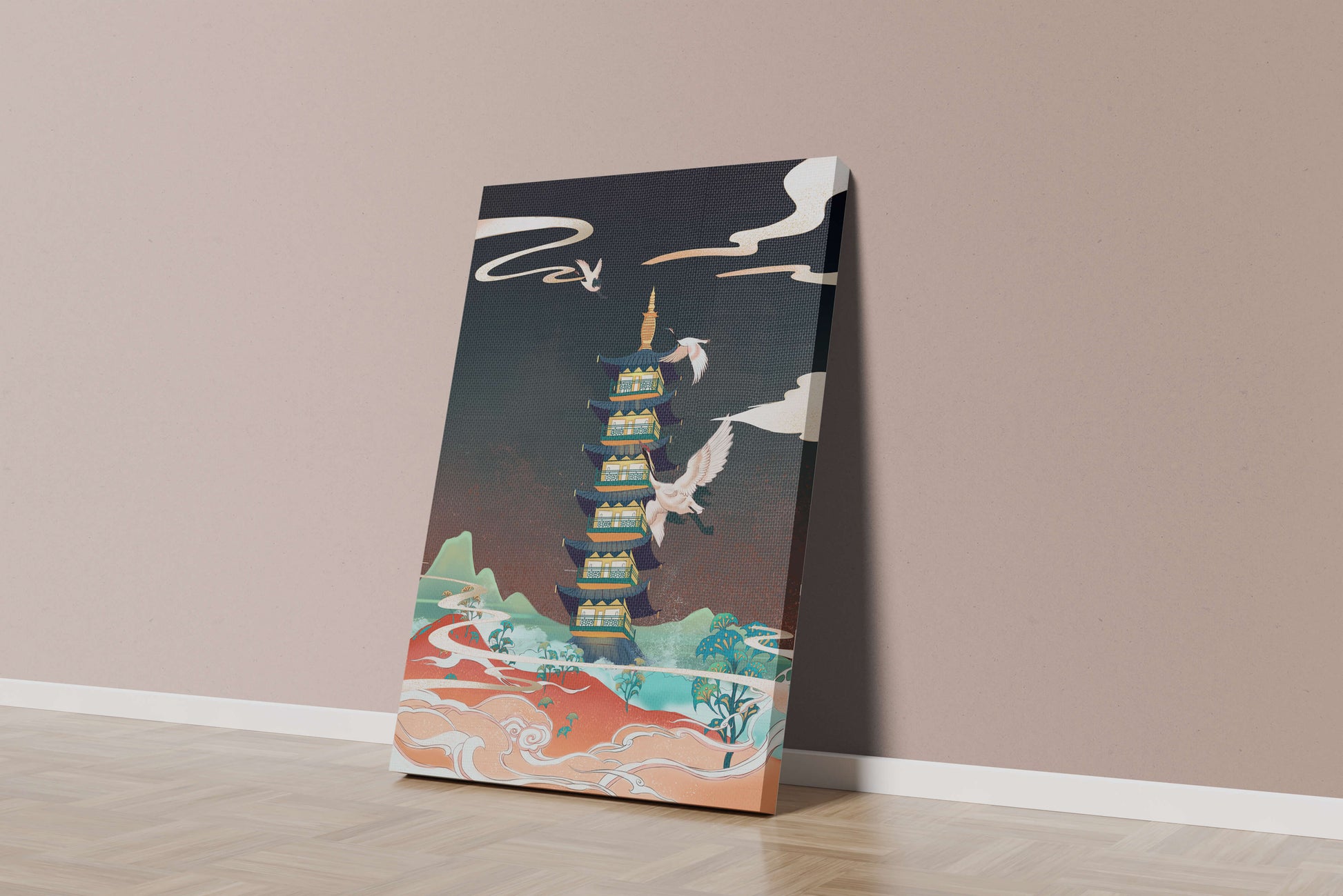 Illustrated scene of traditional pagoda with cranes in colorful landscape