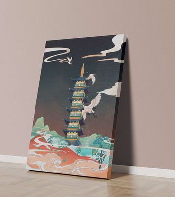 Illustrated scene of traditional pagoda with cranes in colorful landscape