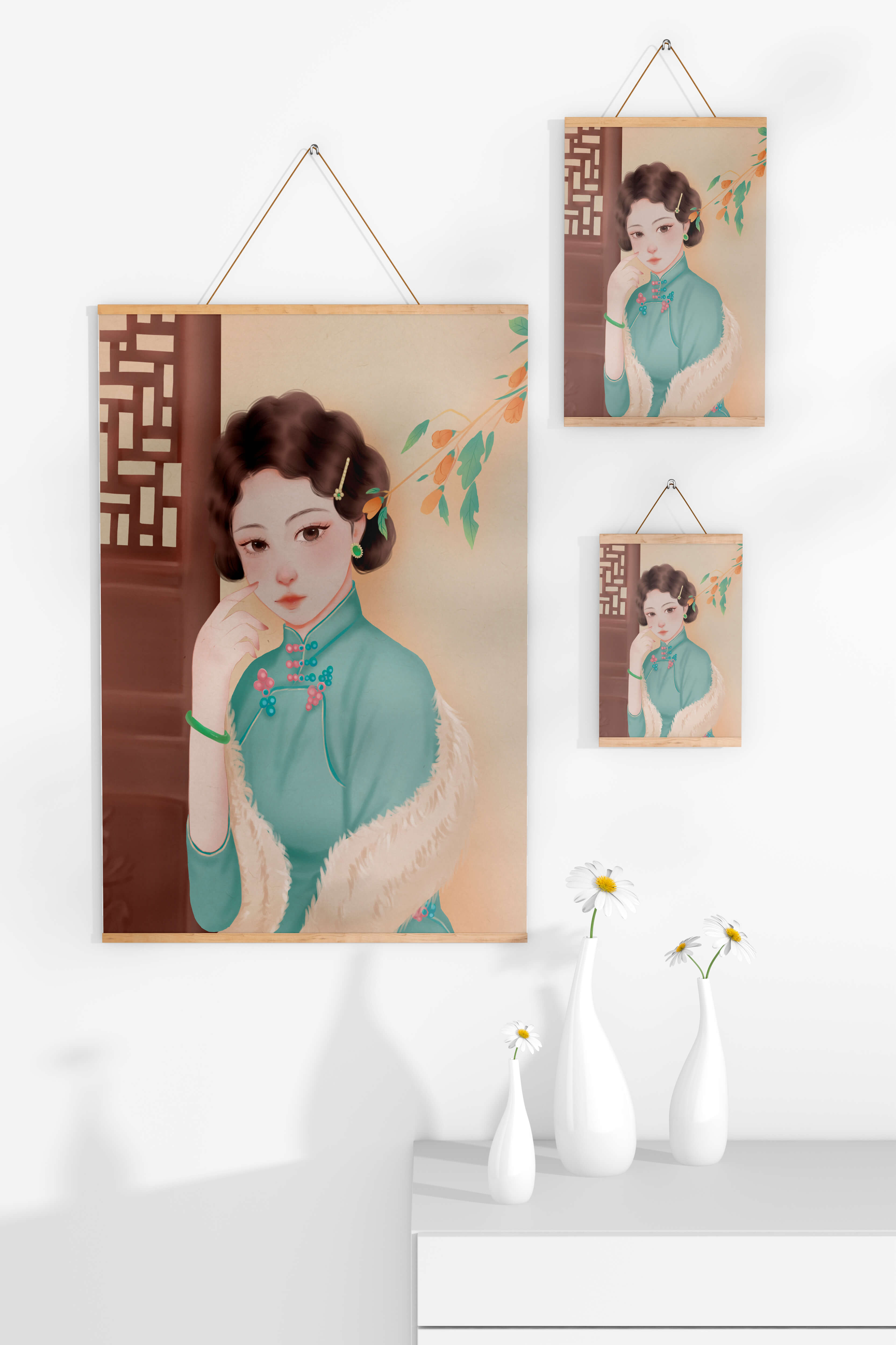 Elegant portrait of a woman in traditional attire with jade accessories