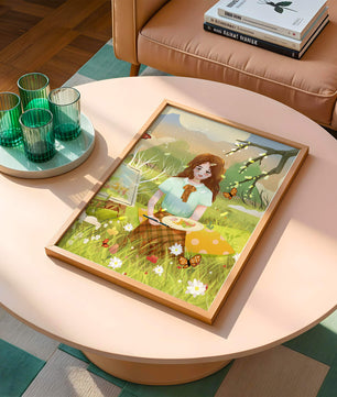 Ilustración de una chica pintando al aire libre rodeada de mariposas y flores