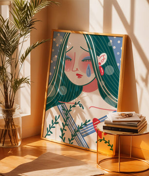 Ilustración de una mujer triste con el corazón roto