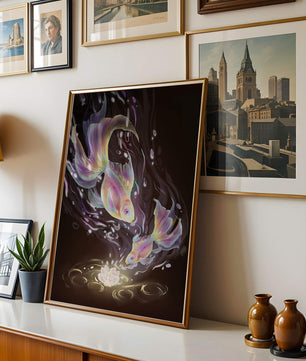 Colorful Koi Fish in a Dreamlike Underwater Scene with Illuminated Elements
