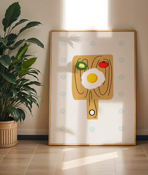 Ilustración de una escena de desayuno con huevo, aguacate y tomate sobre tabla de madera